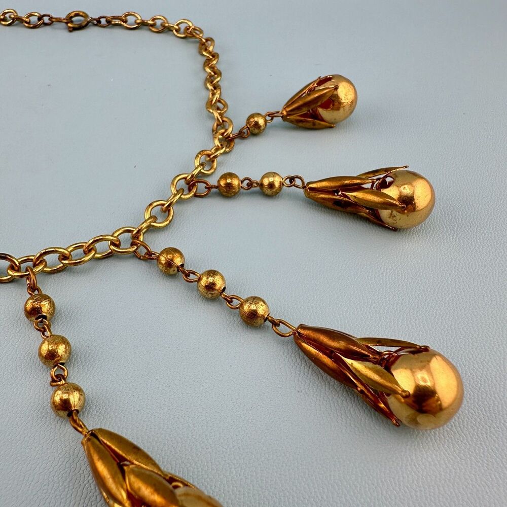 Vintage Art Deco Necklace Fringe Chain Antiqued Gold Tone Etruscan Revival State - Picture 16 of 16